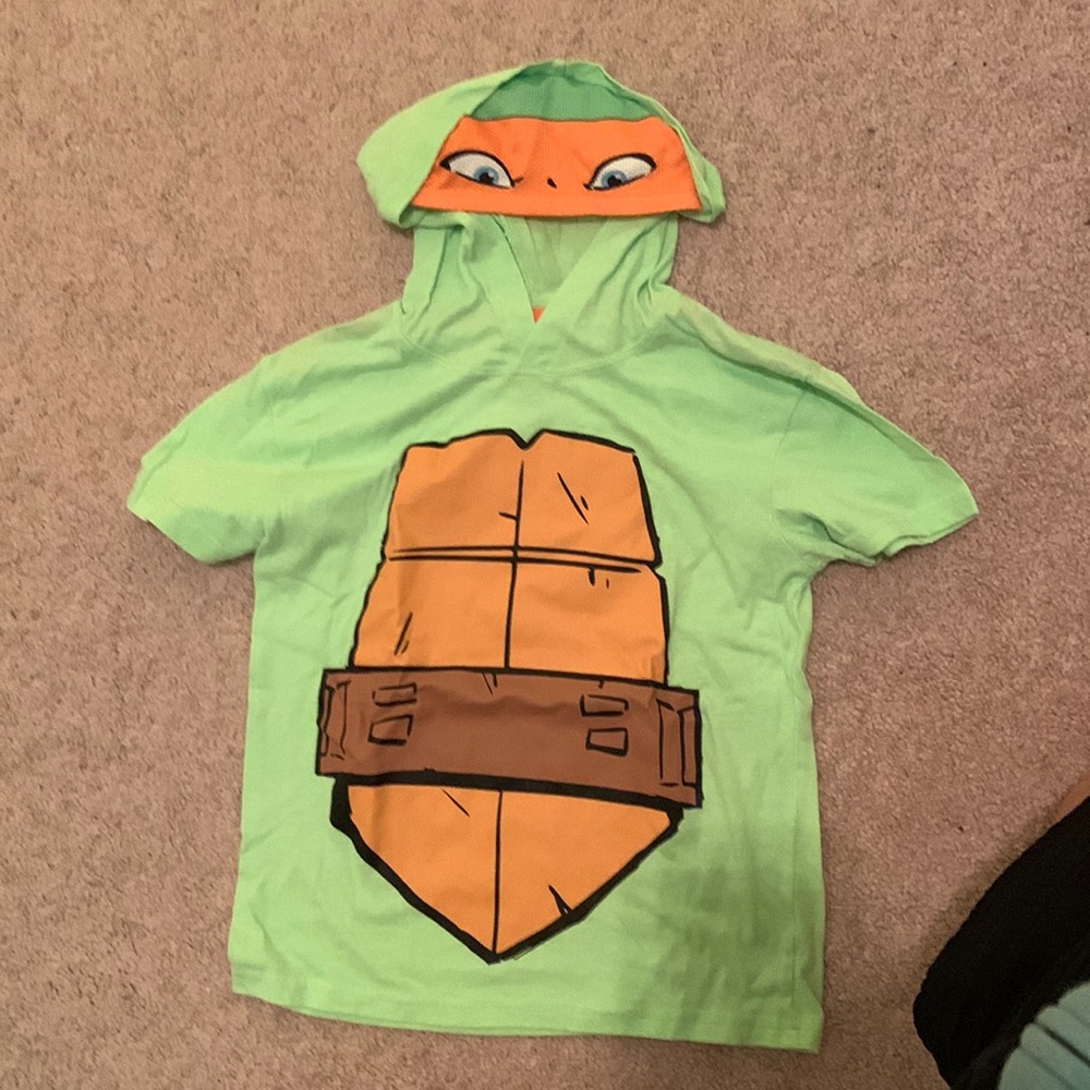NWOT, Michaelangelo, Ninja Turtle Costume Hooded T-Shirt, front and back print
